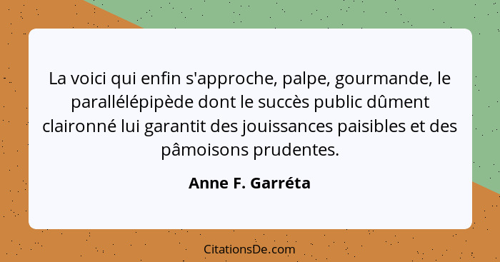 La voici qui enfin s'approche, palpe, gourmande, le parallélépipède dont le succès public dûment claironné lui garantit des jouissan... - Anne F. Garréta