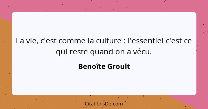La vie, c'est comme la culture : l'essentiel c'est ce qui reste quand on a vécu.... - Benoîte Groult