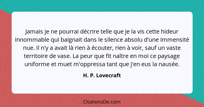 Jamais je ne pourrai décrire telle que je la vis cette hideur innommable qui baignait dans le silence absolu d'une immensité nue. Il... - H. P. Lovecraft