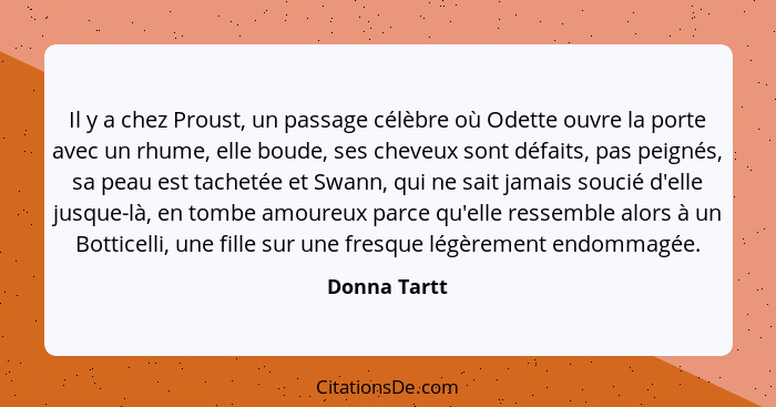 Il y a chez Proust, un passage célèbre où Odette ouvre la porte avec un rhume, elle boude, ses cheveux sont défaits, pas peignés, sa pea... - Donna Tartt