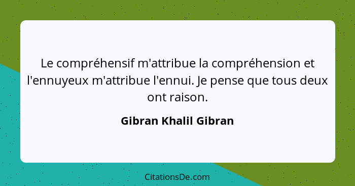 Le compréhensif m'attribue la compréhension et l'ennuyeux m'attribue l'ennui. Je pense que tous deux ont raison.... - Gibran Khalil Gibran