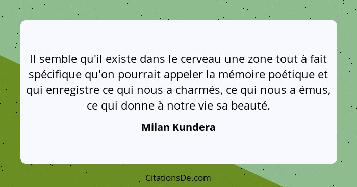 Il semble qu'il existe dans le cerveau une zone tout à fait spécifique qu'on pourrait appeler la mémoire poétique et qui enregistre ce... - Milan Kundera