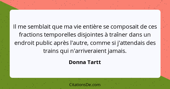 Il me semblait que ma vie entière se composait de ces fractions temporelles disjointes à traîner dans un endroit public après l'autre, c... - Donna Tartt