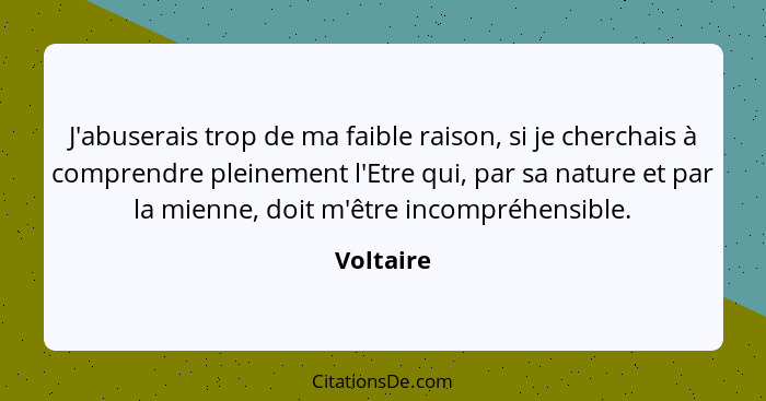 J'abuserais trop de ma faible raison, si je cherchais à comprendre pleinement l'Etre qui, par sa nature et par la mienne, doit m'être incom... - Voltaire