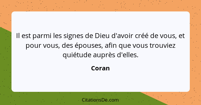 Il est parmi les signes de Dieu d'avoir créé de vous, et pour vous, des épouses, afin que vous trouviez quiétude auprès d'elles.... - Coran