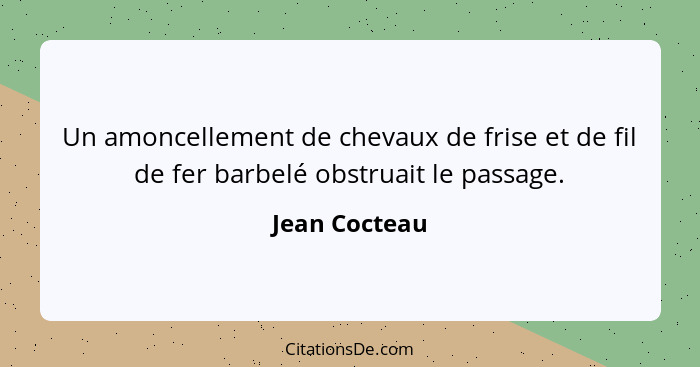 Un amoncellement de chevaux de frise et de fil de fer barbelé obstruait le passage.... - Jean Cocteau