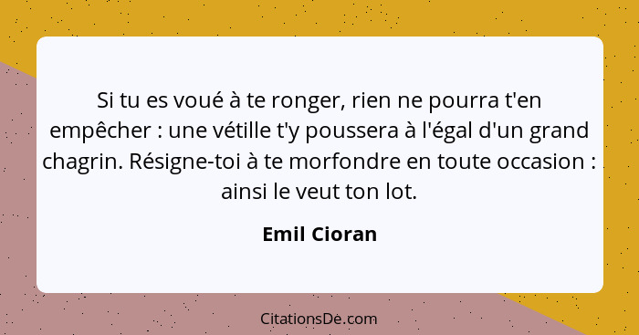 Si tu es voué à te ronger, rien ne pourra t'en empêcher : une vétille t'y poussera à l'égal d'un grand chagrin. Résigne-toi à te mo... - Emil Cioran