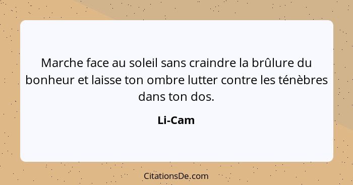 Marche face au soleil sans craindre la brûlure du bonheur et laisse ton ombre lutter contre les ténèbres dans ton dos.... - Li-Cam