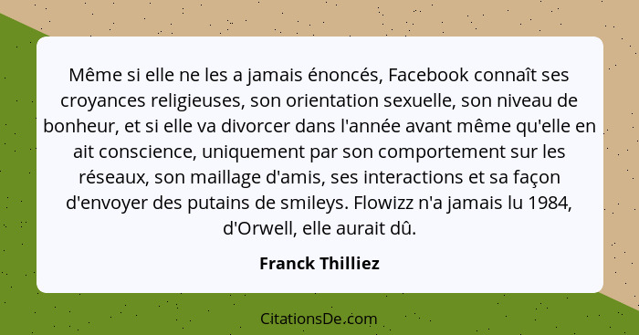 Même si elle ne les a jamais énoncés, Facebook connaît ses croyances religieuses, son orientation sexuelle, son niveau de bonheur, e... - Franck Thilliez