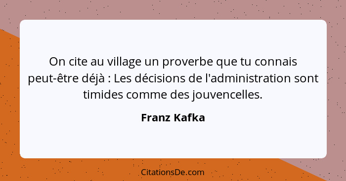 On cite au village un proverbe que tu connais peut-être déjà : Les décisions de l'administration sont timides comme des jouvencelle... - Franz Kafka