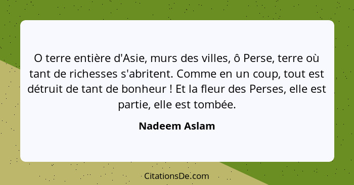 O terre entière d'Asie, murs des villes, ô Perse, terre où tant de richesses s'abritent. Comme en un coup, tout est détruit de tant de... - Nadeem Aslam