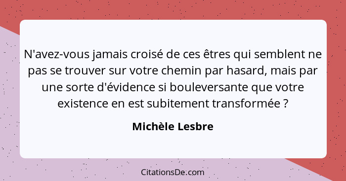 N'avez-vous jamais croisé de ces êtres qui semblent ne pas se trouver sur votre chemin par hasard, mais par une sorte d'évidence si b... - Michèle Lesbre