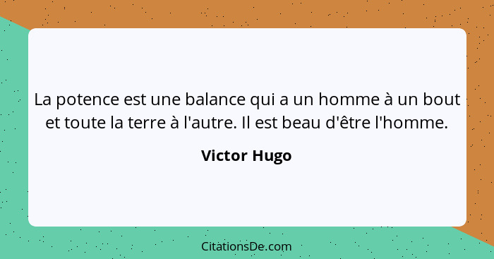 La potence est une balance qui a un homme à un bout et toute la terre à l'autre. Il est beau d'être l'homme.... - Victor Hugo