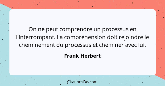 On ne peut comprendre un processus en l'interrompant. La compréhension doit rejoindre le cheminement du processus et cheminer avec lui... - Frank Herbert