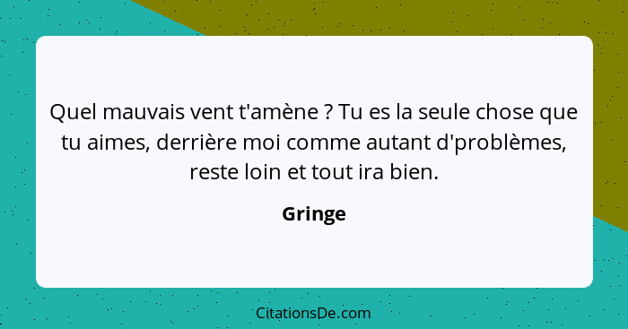 Quel mauvais vent t'amène ? Tu es la seule chose que tu aimes, derrière moi comme autant d'problèmes, reste loin et tout ira bien.... - Gringe