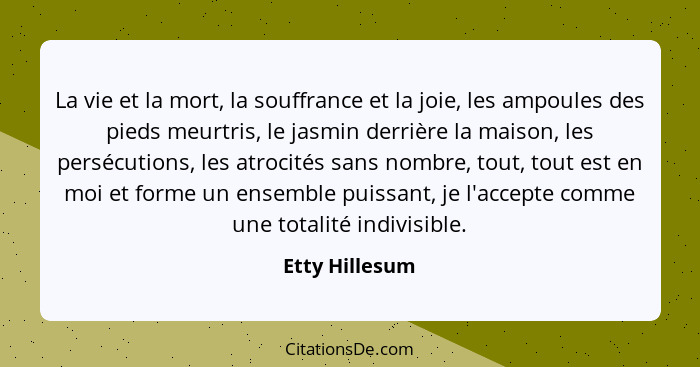 La vie et la mort, la souffrance et la joie, les ampoules des pieds meurtris, le jasmin derrière la maison, les persécutions, les atro... - Etty Hillesum