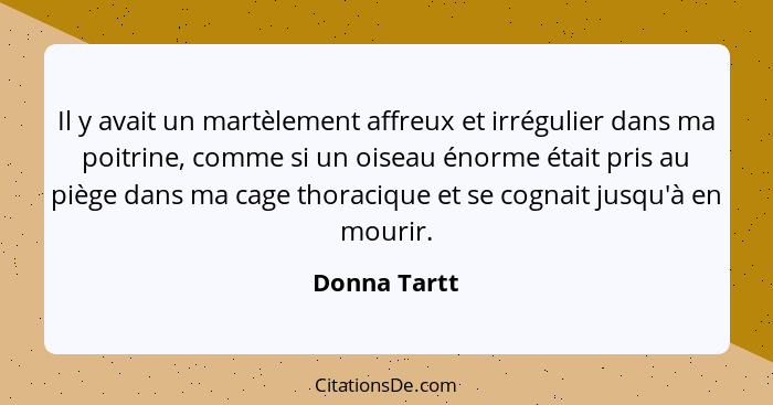 Il y avait un martèlement affreux et irrégulier dans ma poitrine, comme si un oiseau énorme était pris au piège dans ma cage thoracique... - Donna Tartt