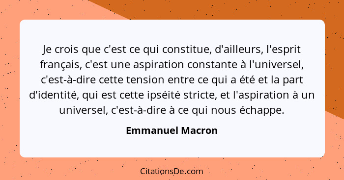 Je crois que c'est ce qui constitue, d'ailleurs, l'esprit français, c'est une aspiration constante à l'universel, c'est-à-dire cette... - Emmanuel Macron