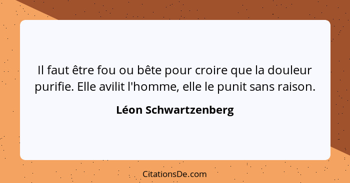 Il faut être fou ou bête pour croire que la douleur purifie. Elle avilit l'homme, elle le punit sans raison.... - Léon Schwartzenberg