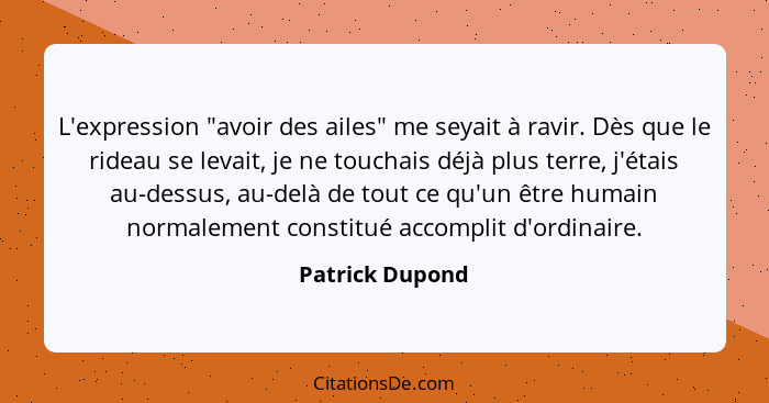 L'expression "avoir des ailes" me seyait à ravir. Dès que le rideau se levait, je ne touchais déjà plus terre, j'étais au-dessus, au-... - Patrick Dupond