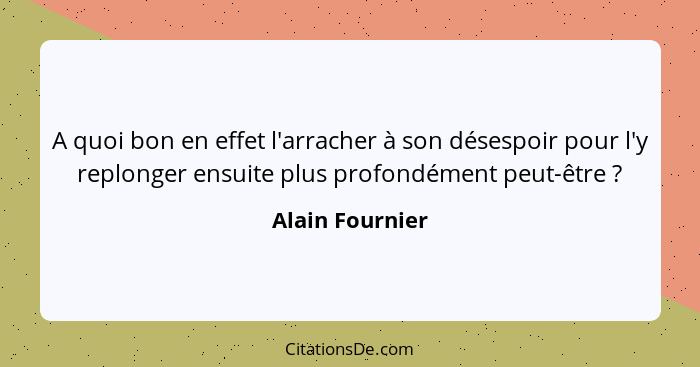 A quoi bon en effet l'arracher à son désespoir pour l'y replonger ensuite plus profondément peut-être ?... - Alain Fournier