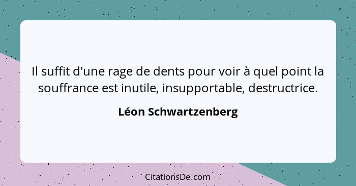 Il suffit d'une rage de dents pour voir à quel point la souffrance est inutile, insupportable, destructrice.... - Léon Schwartzenberg