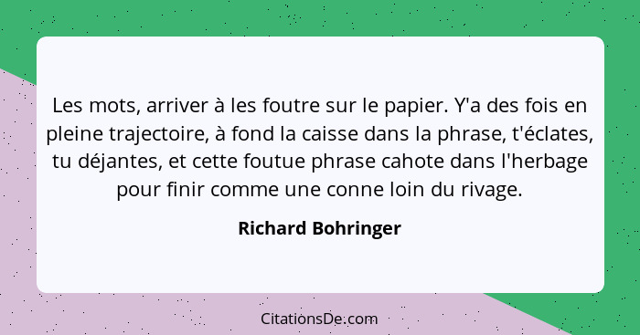 Les mots, arriver à les foutre sur le papier. Y'a des fois en pleine trajectoire, à fond la caisse dans la phrase, t'éclates, tu d... - Richard Bohringer