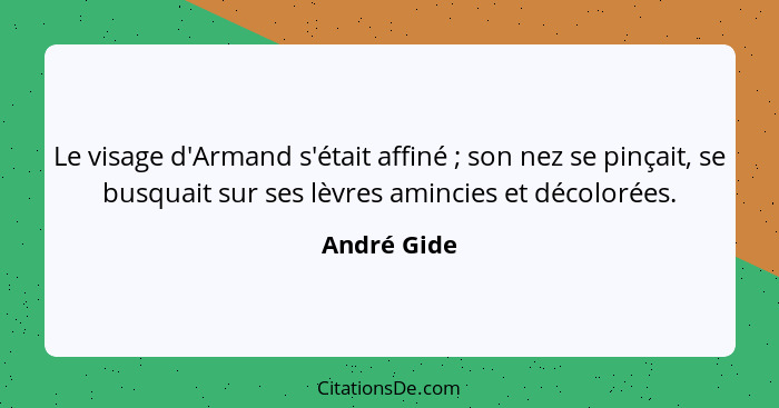 Le visage d'Armand s'était affiné ; son nez se pinçait, se busquait sur ses lèvres amincies et décolorées.... - André Gide