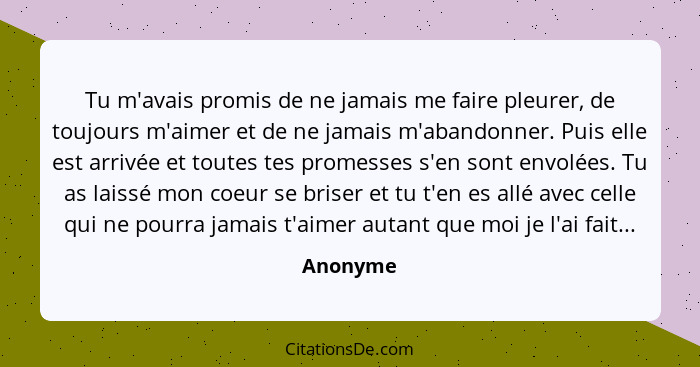 Tu m'avais promis de ne jamais me faire pleurer, de toujours m'aimer et de ne jamais m'abandonner. Puis elle est arrivée et toutes tes prome... - Anonyme