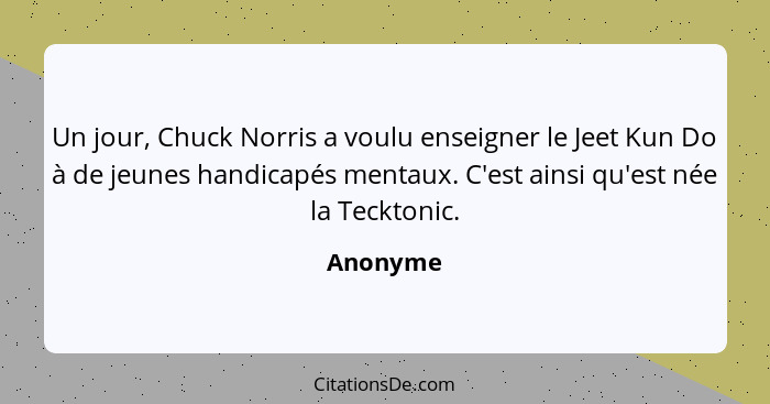 Un jour, Chuck Norris a voulu enseigner le Jeet Kun Do à de jeunes handicapés mentaux. C'est ainsi qu'est née la Tecktonic.... - Anonyme