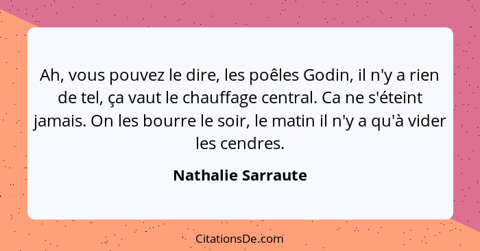 Ah, vous pouvez le dire, les poêles Godin, il n'y a rien de tel, ça vaut le chauffage central. Ca ne s'éteint jamais. On les bourr... - Nathalie Sarraute