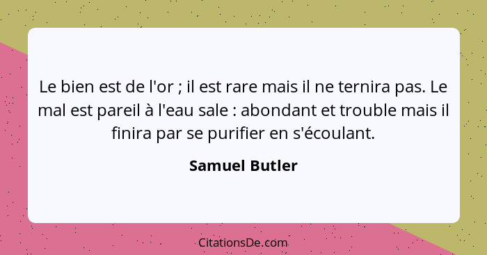 Le bien est de l'or ; il est rare mais il ne ternira pas. Le mal est pareil à l'eau sale : abondant et trouble mais il finir... - Samuel Butler