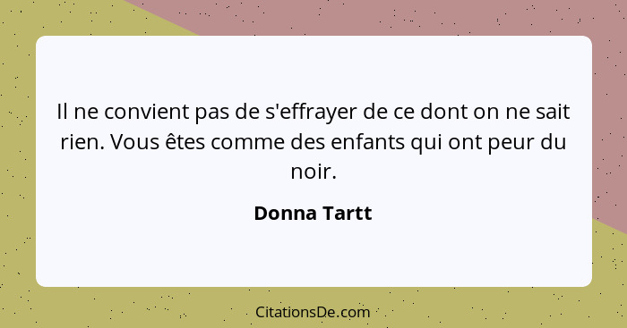 Il ne convient pas de s'effrayer de ce dont on ne sait rien. Vous êtes comme des enfants qui ont peur du noir.... - Donna Tartt