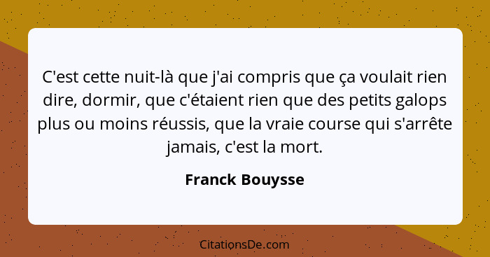 C'est cette nuit-là que j'ai compris que ça voulait rien dire, dormir, que c'étaient rien que des petits galops plus ou moins réussis... - Franck Bouysse