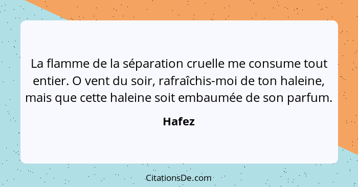 La flamme de la séparation cruelle me consume tout entier. O vent du soir, rafraîchis-moi de ton haleine, mais que cette haleine soit embaumée... - Hafez