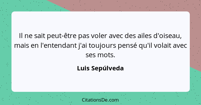 Il ne sait peut-être pas voler avec des ailes d'oiseau, mais en l'entendant j'ai toujours pensé qu'il volait avec ses mots.... - Luis Sepúlveda