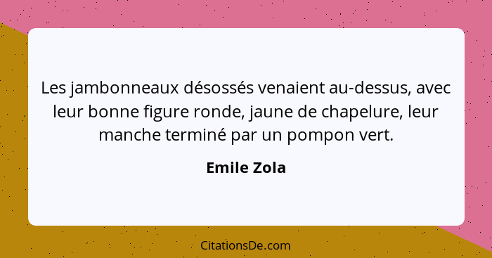 Les jambonneaux désossés venaient au-dessus, avec leur bonne figure ronde, jaune de chapelure, leur manche terminé par un pompon vert.... - Emile Zola