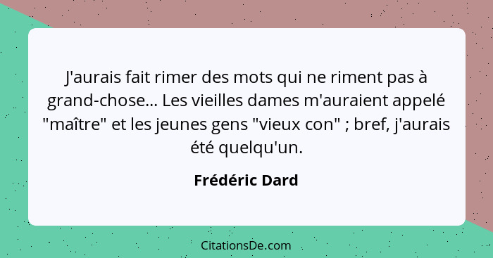 J'aurais fait rimer des mots qui ne riment pas à grand-chose... Les vieilles dames m'auraient appelé "maître" et les jeunes gens "vieu... - Frédéric Dard