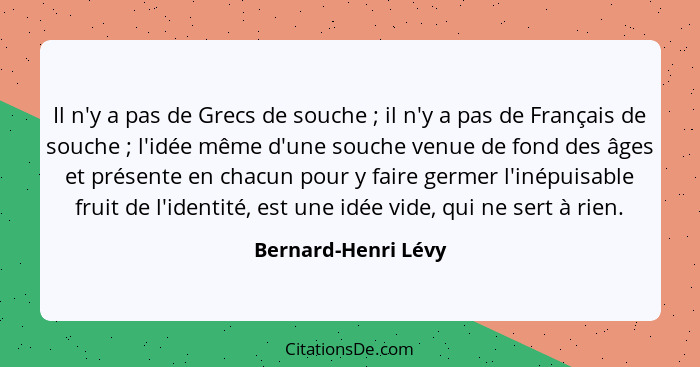 Il n'y a pas de Grecs de souche ; il n'y a pas de Français de souche ; l'idée même d'une souche venue de fond des âges... - Bernard-Henri Lévy