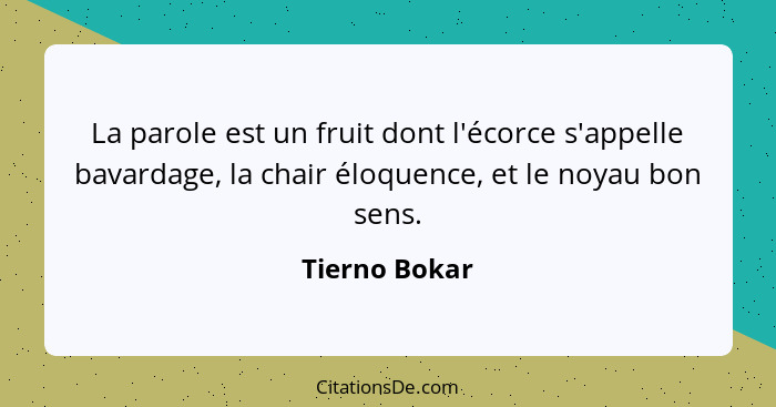 La parole est un fruit dont l'écorce s'appelle bavardage, la chair éloquence, et le noyau bon sens.... - Tierno Bokar