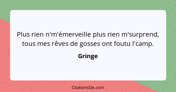 Plus rien n'm'émerveille plus rien m'surprend, tous mes rêves de gosses ont foutu l'camp.... - Gringe