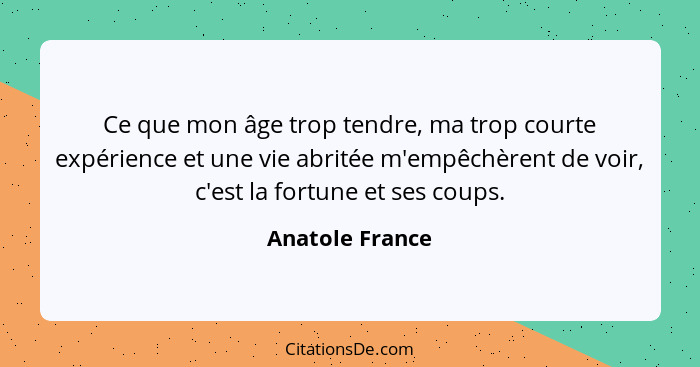 Ce que mon âge trop tendre, ma trop courte expérience et une vie abritée m'empêchèrent de voir, c'est la fortune et ses coups.... - Anatole France