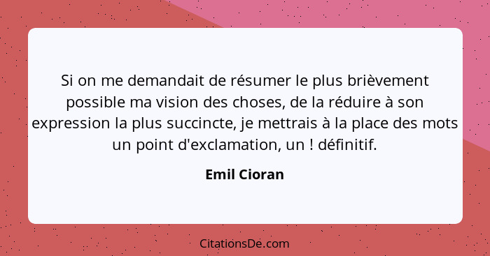 Si on me demandait de résumer le plus brièvement possible ma vision des choses, de la réduire à son expression la plus succincte, je met... - Emil Cioran