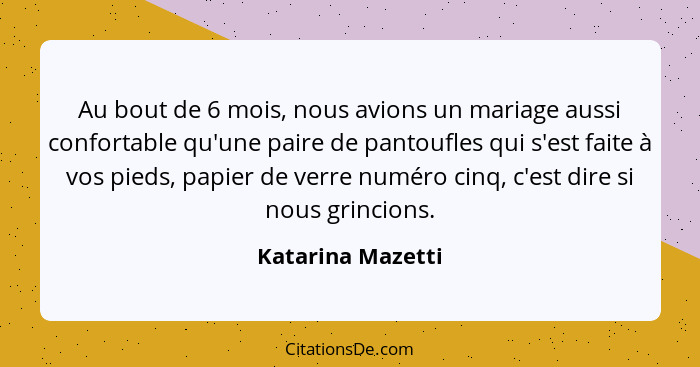 Au bout de 6 mois, nous avions un mariage aussi confortable qu'une paire de pantoufles qui s'est faite à vos pieds, papier de verre... - Katarina Mazetti