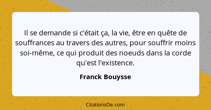 Il se demande si c'était ça, la vie, être en quête de souffrances au travers des autres, pour souffrir moins soi-même, ce qui produit... - Franck Bouysse