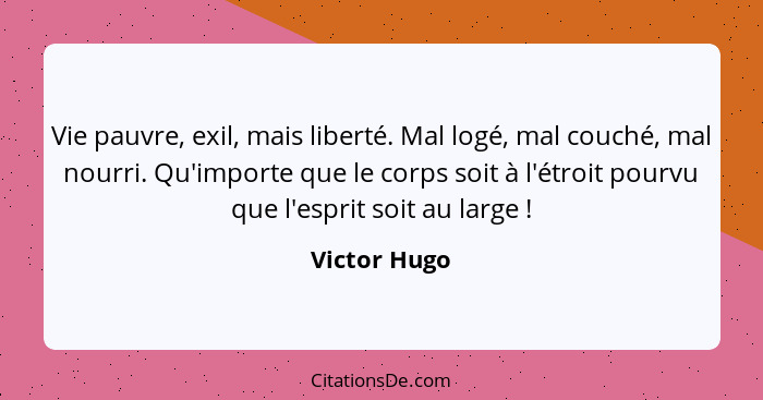 Vie pauvre, exil, mais liberté. Mal logé, mal couché, mal nourri. Qu'importe que le corps soit à l'étroit pourvu que l'esprit soit au la... - Victor Hugo