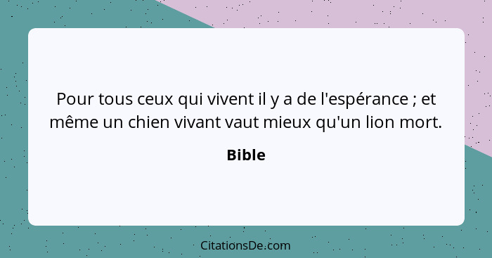 Pour tous ceux qui vivent il y a de l'espérance ; et même un chien vivant vaut mieux qu'un lion mort.... - Bible