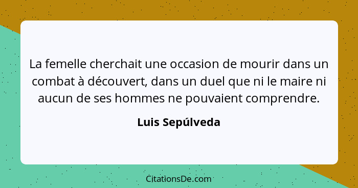 La femelle cherchait une occasion de mourir dans un combat à découvert, dans un duel que ni le maire ni aucun de ses hommes ne pouvai... - Luis Sepúlveda