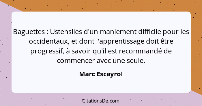 Baguettes : Ustensiles d'un maniement difficile pour les occidentaux, et dont l'apprentissage doit être progressif, à savoir qu'i... - Marc Escayrol