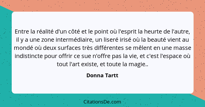 Entre la réalité d'un côté et le point où l'esprit la heurte de l'autre, il y a une zone intermédiaire, un liseré irisé où la beauté vie... - Donna Tartt